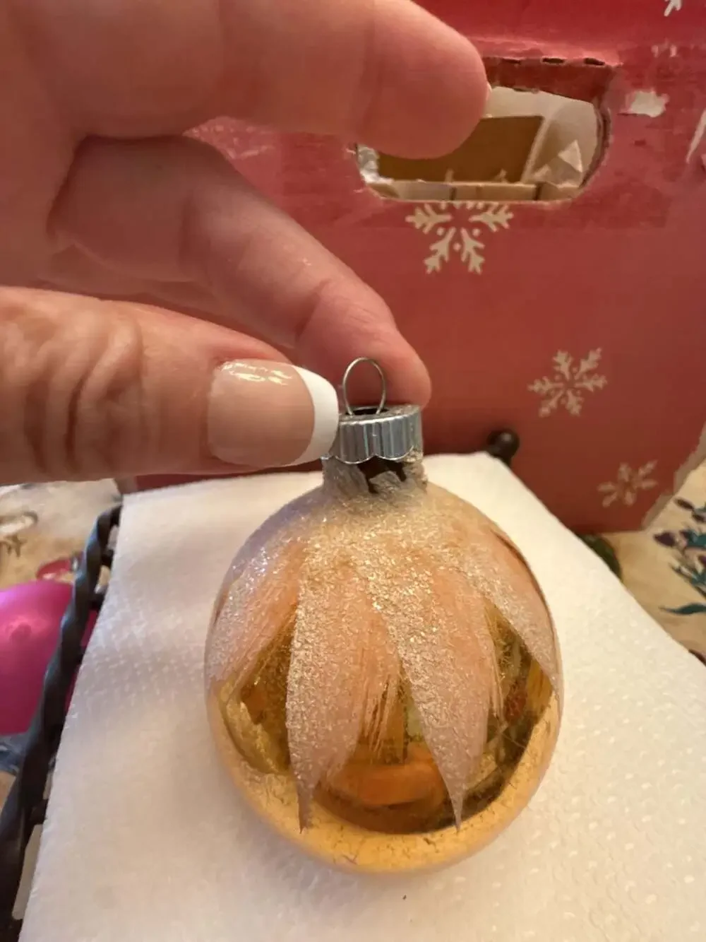 Vtg Shiny Brite Gold Mercury Glass Xmas Ornament Snow Cap White Mica Glitter